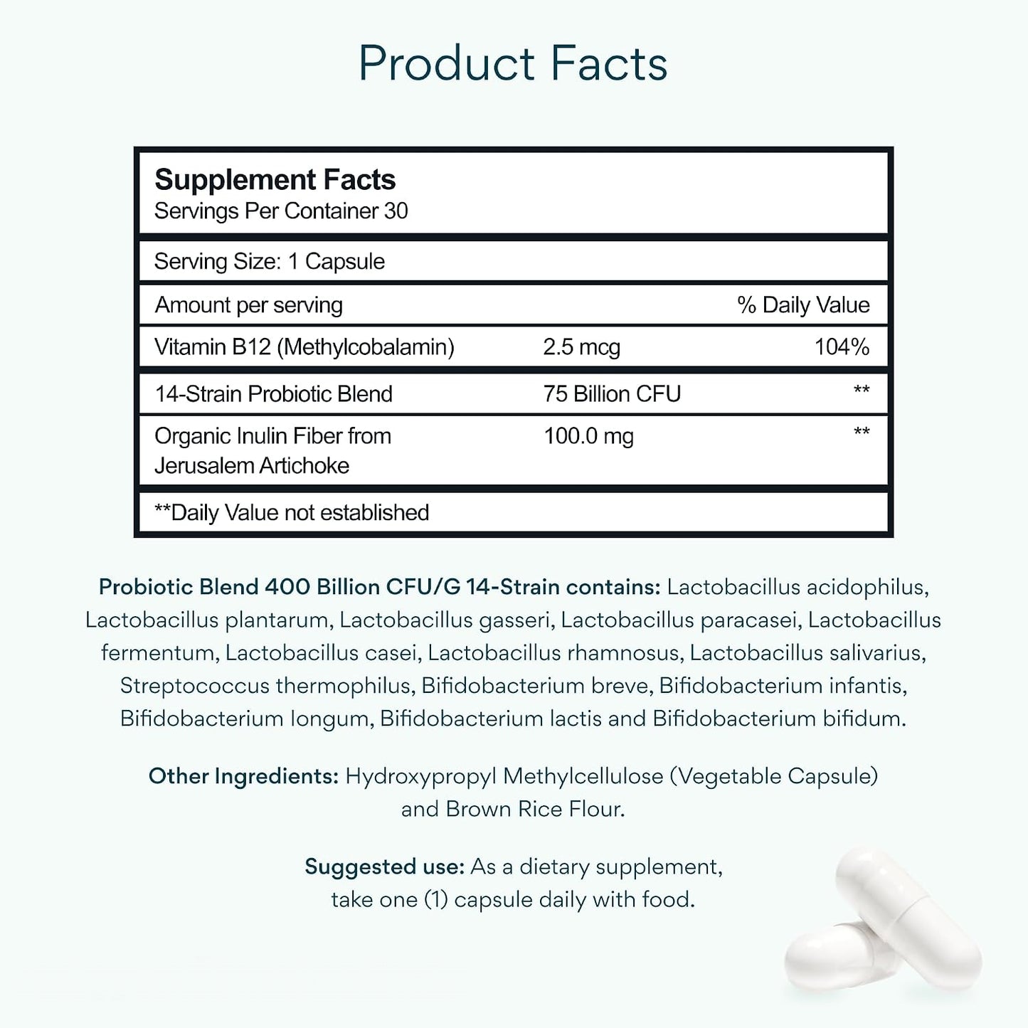 Probiotics for Women & Men – 75 Billion CFU | Digestive Health and Gut Support Prebiotic | 14 Clinically Studied Strains with Vitamin B12, Lactobacillus and Inulin Fiber | 30 Capsules