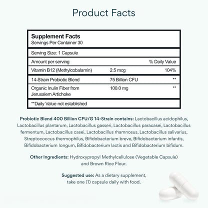 Probiotics for Women & Men – 75 Billion CFU | Digestive Health and Gut Support Prebiotic | 14 Clinically Studied Strains with Vitamin B12, Lactobacillus and Inulin Fiber | 30 Capsules